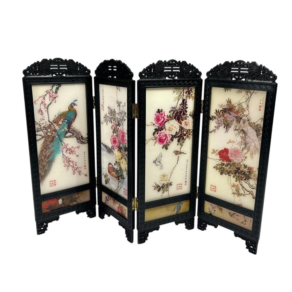 VTG Doll House Decor Toy Accessory Folding Screen Peacock Birds 17x11" some wear